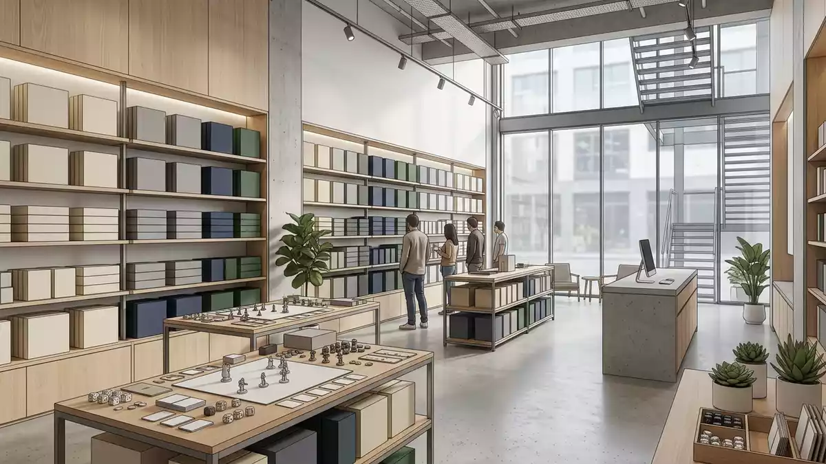 Architektur-Render im Spieleladen mit Spielerweiterung im Ausstellungsbereich, neutral