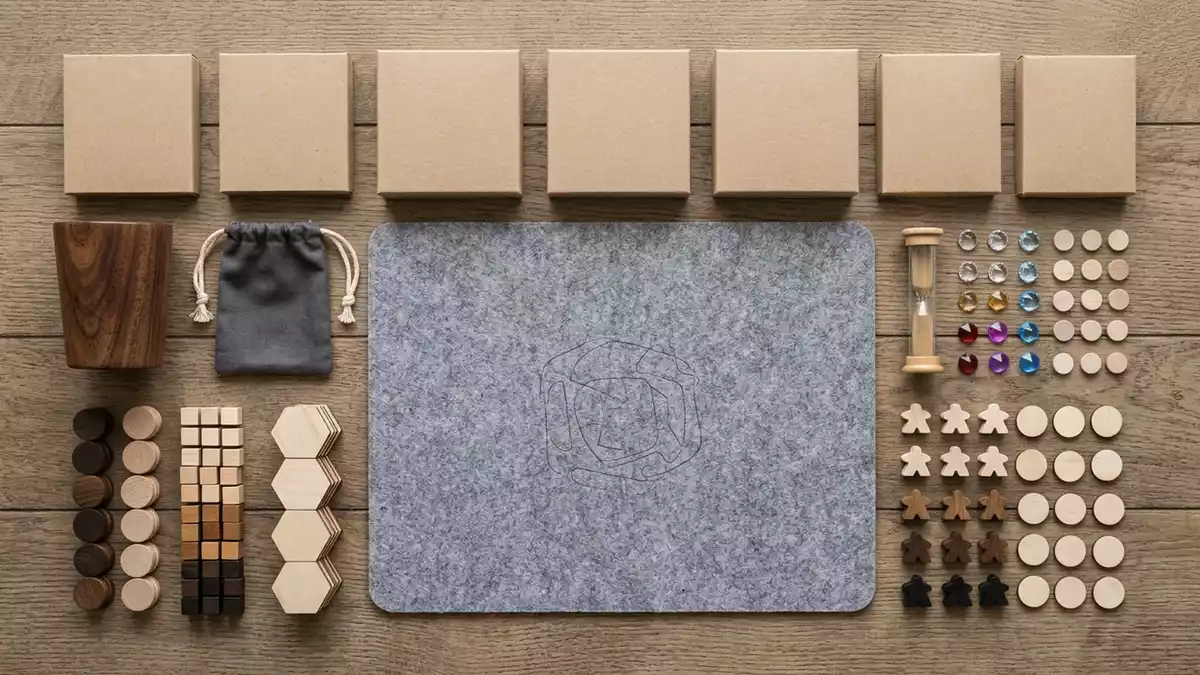 Flatlay-Arrangement rund um Spielerweiterung mit passenden Requisiten von oben