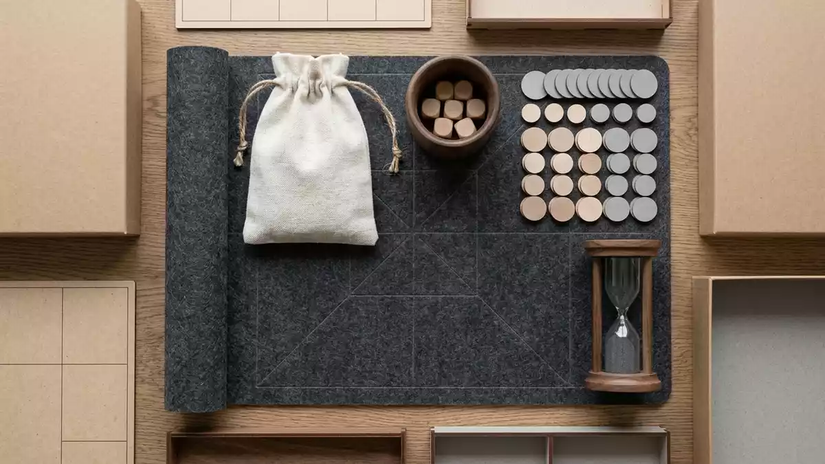Flatlay-Arrangement rund um Spielerweiterung mit passenden Requisiten von oben