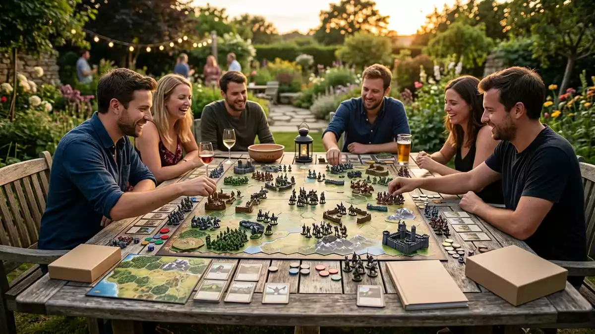 Fotorealistische Ansicht von Spielerweiterung im Garten in warmem Abendlicht, neutral