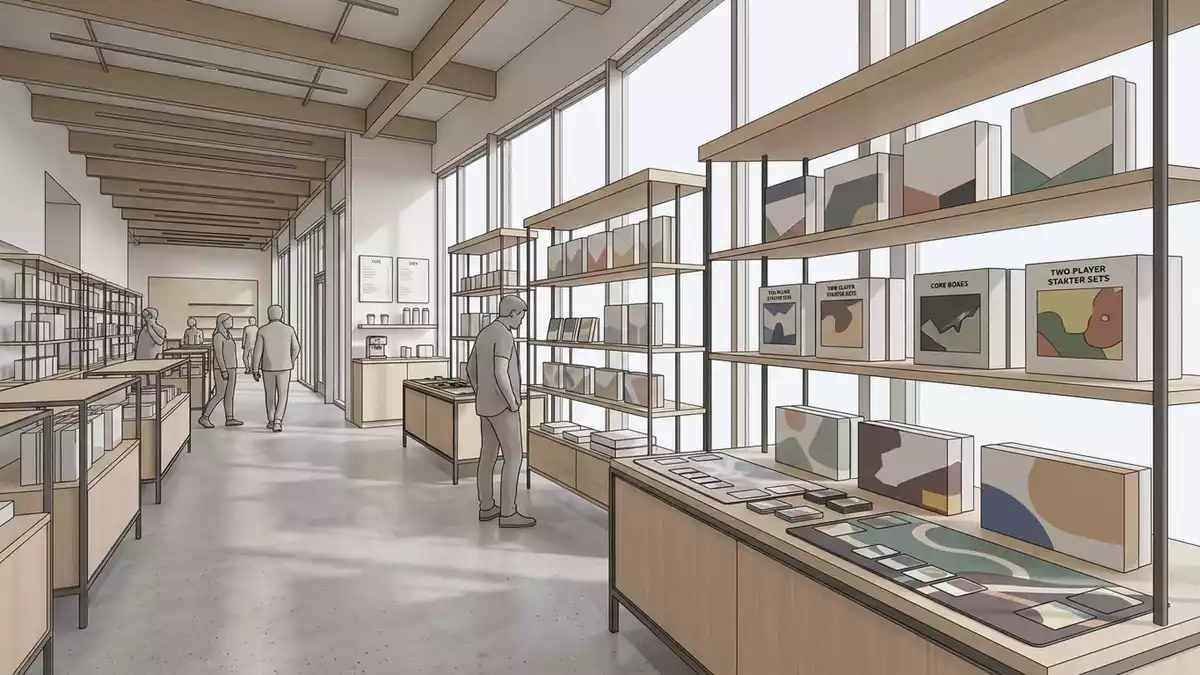 Architektur-Render im Spieleladen mit Kartenspiel im Ausstellungsbereich, neutral