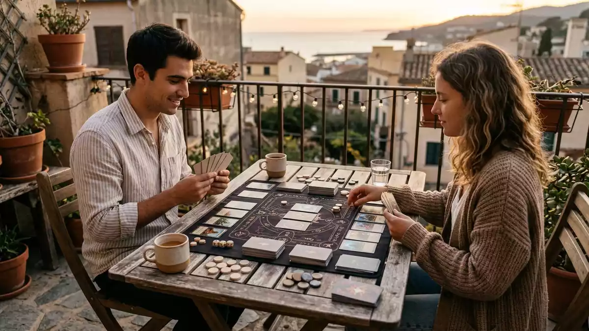 Fotorealistische Ansicht von Kartenspiel auf dem Balkon in warmem Abendlicht, neutral