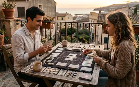 Fotorealistische Aufnahme von Kartenspiel auf dem Balkon zum Thema Catan, warmes Abendlicht - Foto: THN