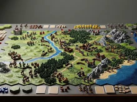 Fotorealistische Studioaufnahme von Strategiespiel zum Thema Catan, klare Lichtfuehrung, sachlich dargestellt, markenneutral - Foto: THN