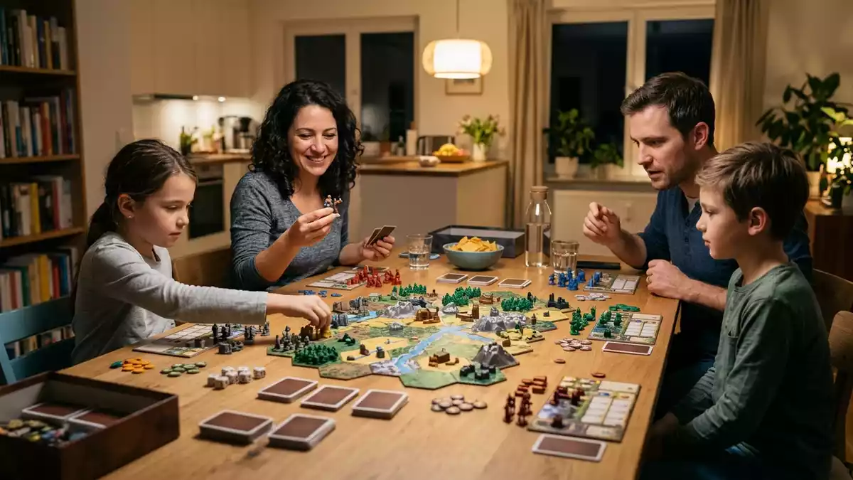 Fotorealistische Ansicht von Strategiespiel beim Spieleabend in realer Umgebung
