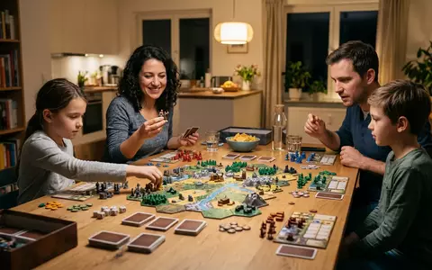Fotorealistische Aufnahme von Strategiespiel beim Spieleabend zum Thema Catan, natuerliches Licht, sachlich dargestellt - Foto: THN