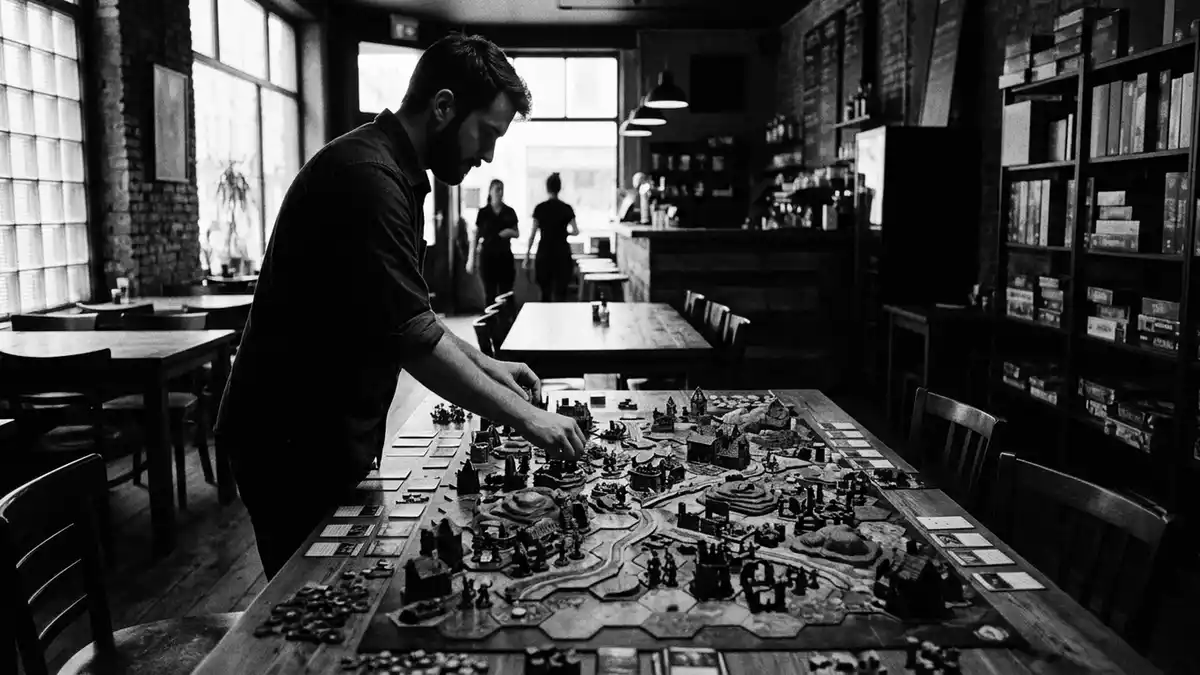 Schwarzweiss-Reportagebild mit Strategiespiel in dokumentarischer Arbeitsumgebung