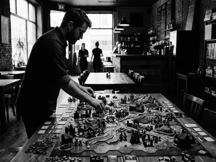 Schwarzweiss-Reportage mit Strategiespiel zum Thema Catan, hoher Kontrast, sachlich dargestellt, markenneutral, redaktionelle Verwendung - Foto: THN