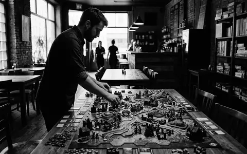 Schwarzweiss-Reportage mit Strategiespiel zum Thema Catan, hoher Kontrast, sachlich dargestellt, markenneutral, redaktionelle Verwendung - Foto: THN