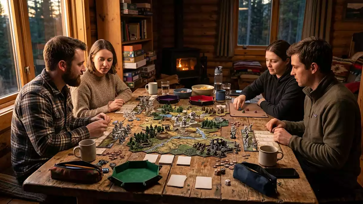 Fotorealistische Ansicht von Strategiespiel in der Huette in warmem Abendlicht