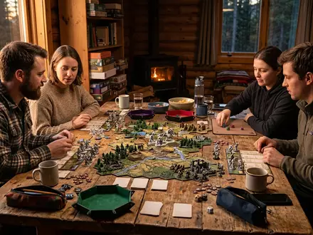 Fotorealistische Aufnahme von Strategiespiel in der Huette zum Thema Catan, warmes Abendlicht - Foto: THN