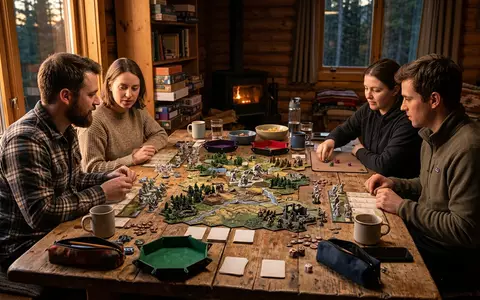 Fotorealistische Aufnahme von Strategiespiel in der Huette zum Thema Catan, warmes Abendlicht - Foto: THN