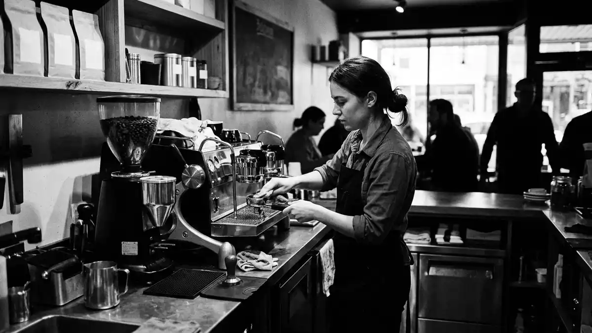 Schwarzweiss-Reportagebild mit Kaffeevollautomat in dokumentarischer Arbeitsumgebung