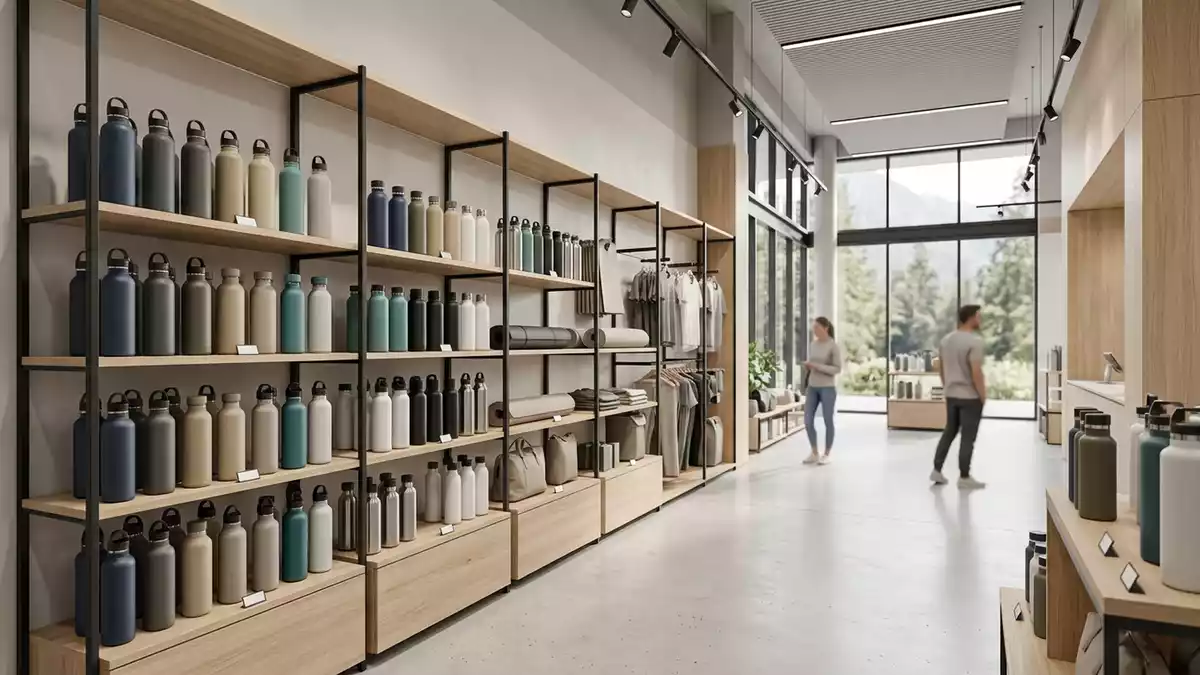 Architektur-Render im Sportgeschaeft mit Trinkflasche im Ausstellungsbereich, neutral