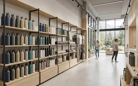 Architektur-Render im Sportgeschaeft mit Trinkflasche zum Thema Mepal Fiesta 500ml Trinkflasche, neutrales Tageslicht - Foto: THN