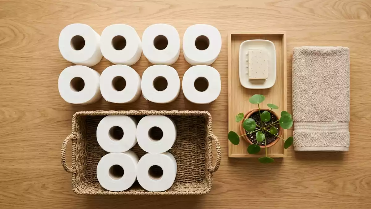 Flatlay-Arrangement rund um Toilettenpapier mit passenden Requisiten von oben, neutral