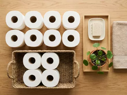 Flatlay-Arrangement rund um Toilettenpapier zum Thema Hakle Toilettenpapier 4-lagig 16, weiches Oberlicht - Foto: THN