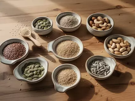 Verschiedene Samen und Nüsse in kleinen Schalen auf einem Holztisch, angeordnet für die Ernährungsmethode Seed Cycling. - Foto: über boerse-global.de