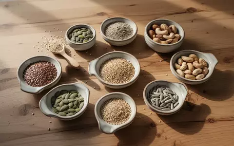 Verschiedene Samen und Nüsse in kleinen Schalen auf einem Holztisch, angeordnet für die Ernährungsmethode Seed Cycling. - Foto: über boerse-global.de