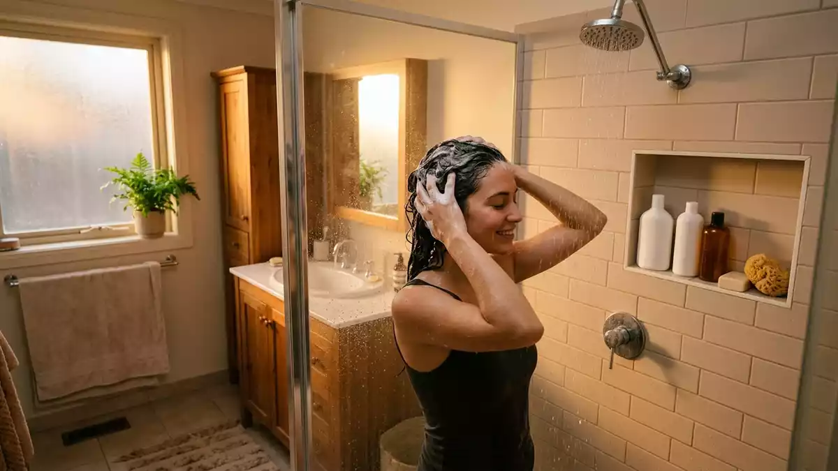 Fotorealistische Ansicht von Shampoo im Badezimmer in warmem Abendlicht, neutral