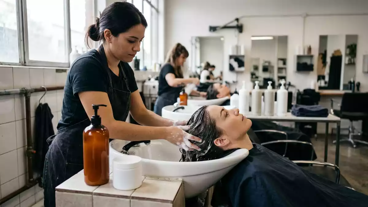 Fotorealistische Ansicht von Shampoo im Friseursalon in realer Umgebung, neutral