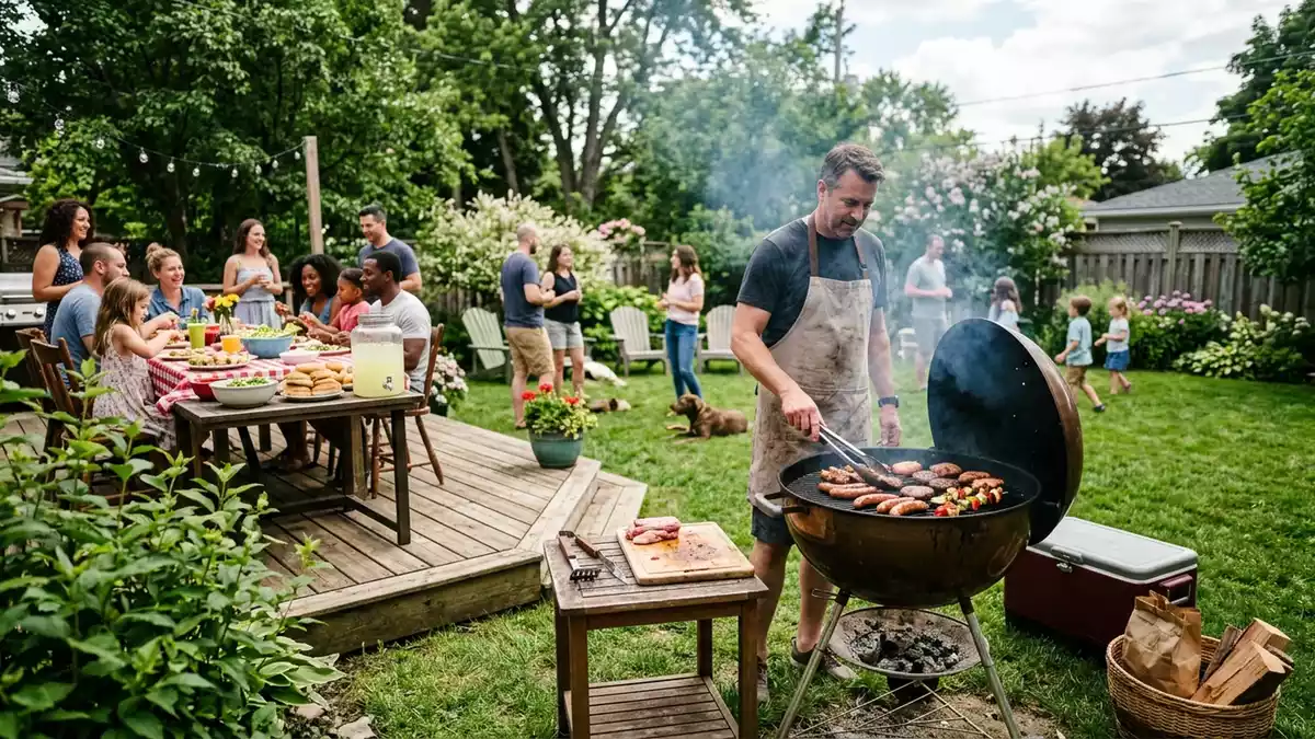 Fotorealistische Ansicht von Holzkohlegrill im Garten in realer Umgebung, neutral