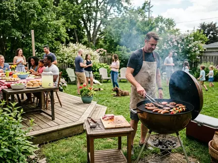Fotorealistische Aufnahme von Holzkohlegrill im Garten zum Thema Weber Original Kettle Premium, natuerliches Licht - Foto: THN