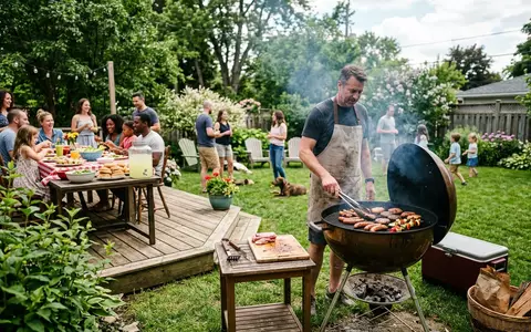 Fotorealistische Aufnahme von Holzkohlegrill im Garten zum Thema Weber Original Kettle Premium, natuerliches Licht - Foto: THN