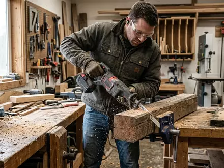 Fotorealistische Aufnahme von Akku-Saebelsaege in der Werkstatt zum Thema Makita DJR187Z 18V Akku-Reciprosäge, natuerliches Licht - Foto: THN