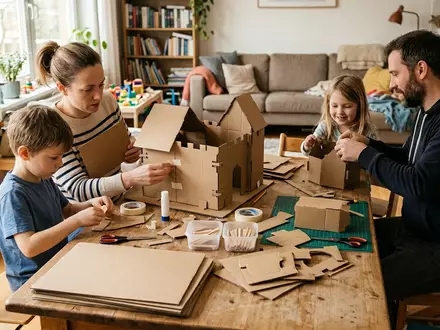 Fotorealistische Aufnahme von Bastelset am Basteltisch zum Thema Makedo Entdeckerset Pappe Basteln, natuerliches Licht - Foto: THN