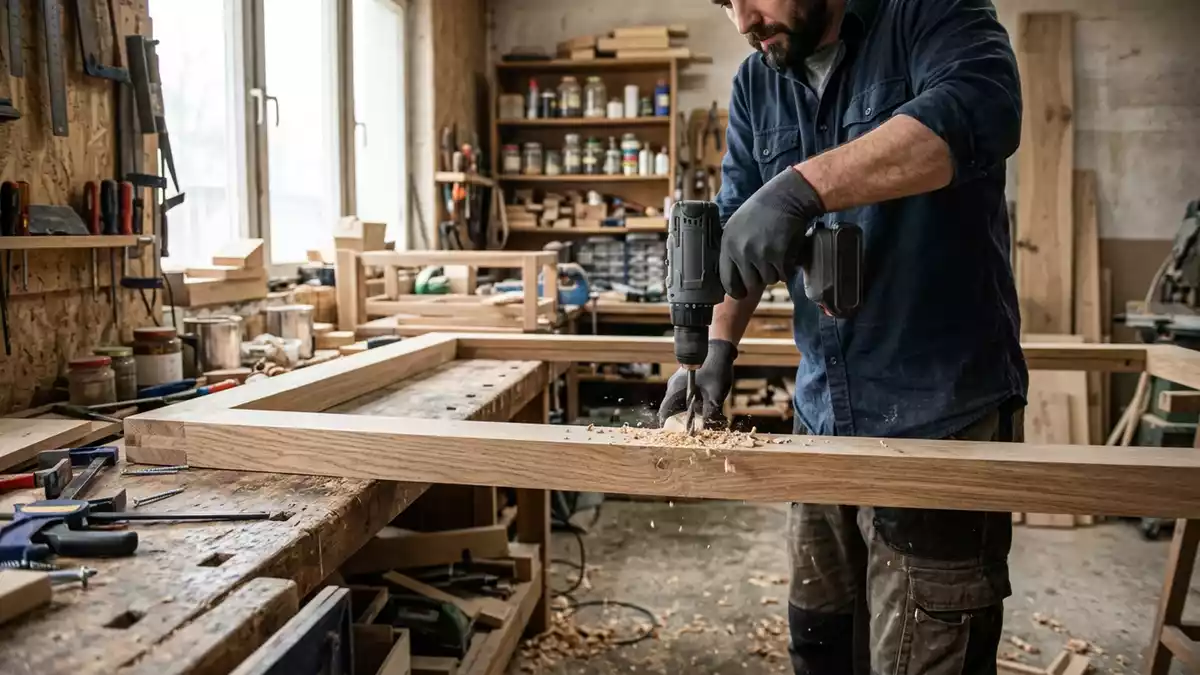 Fotorealistische Ansicht von Akku-Bohrschrauber in der Werkstatt in realer Umgebung