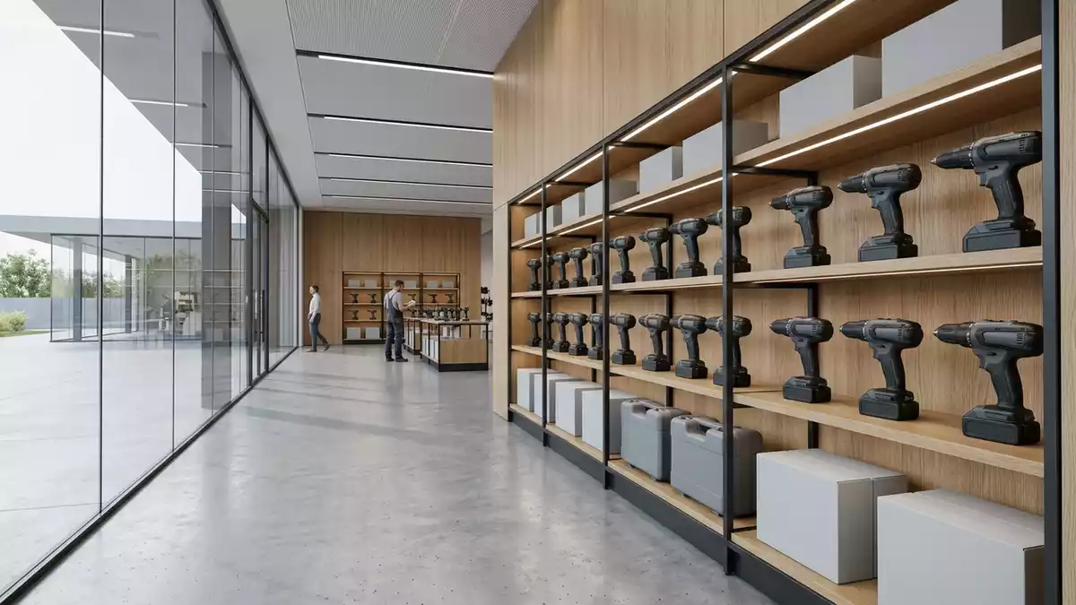 Architektur-Render im Werkzeugfachgeschaeft mit Akku-Bohrschrauber im Ausstellungsbereich