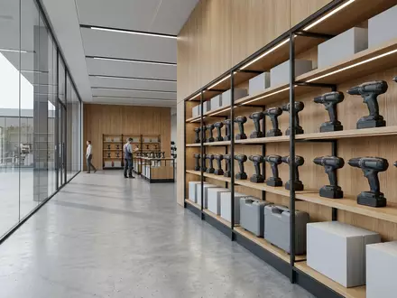 Architektur-Render im Werkzeugfachgeschaeft mit Akku-Bohrschrauber zum Thema Makita DHP484Z 18V Akku-Schlagbohrschrauber, neutrales Tageslicht - Foto: THN
