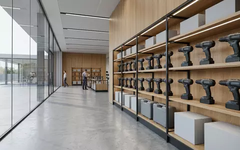 Architektur-Render im Werkzeugfachgeschaeft mit Akku-Bohrschrauber zum Thema Makita DHP484Z 18V Akku-Schlagbohrschrauber, neutrales Tageslicht - Foto: THN