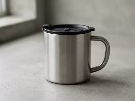Fotorealistische Studioaufnahme von Reise-Kaffeebecher zum Thema Hydro Flask Kaffeebecher 16oz, klare Lichtfuehrung - Foto: THN