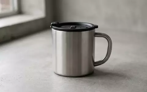Fotorealistische Studioaufnahme von Reise-Kaffeebecher zum Thema Hydro Flask Kaffeebecher 16oz, klare Lichtfuehrung - Foto: THN