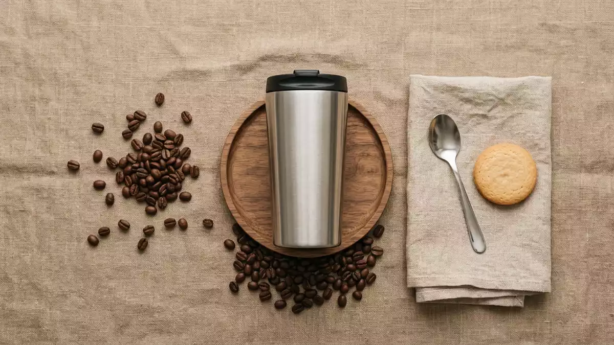 Flatlay-Arrangement rund um Reise-Kaffeebecher mit passenden Requisiten von oben