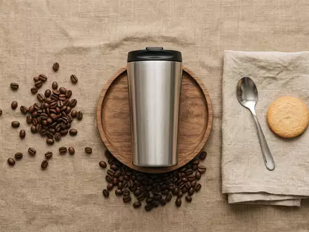 Flatlay-Arrangement rund um Reise-Kaffeebecher zum Thema Hydro Flask Kaffeebecher 16oz, weiches Oberlicht - Foto: THN