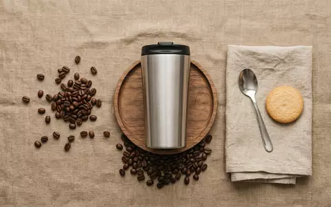 Flatlay-Arrangement rund um Reise-Kaffeebecher zum Thema Hydro Flask Kaffeebecher 16oz, weiches Oberlicht - Foto: THN