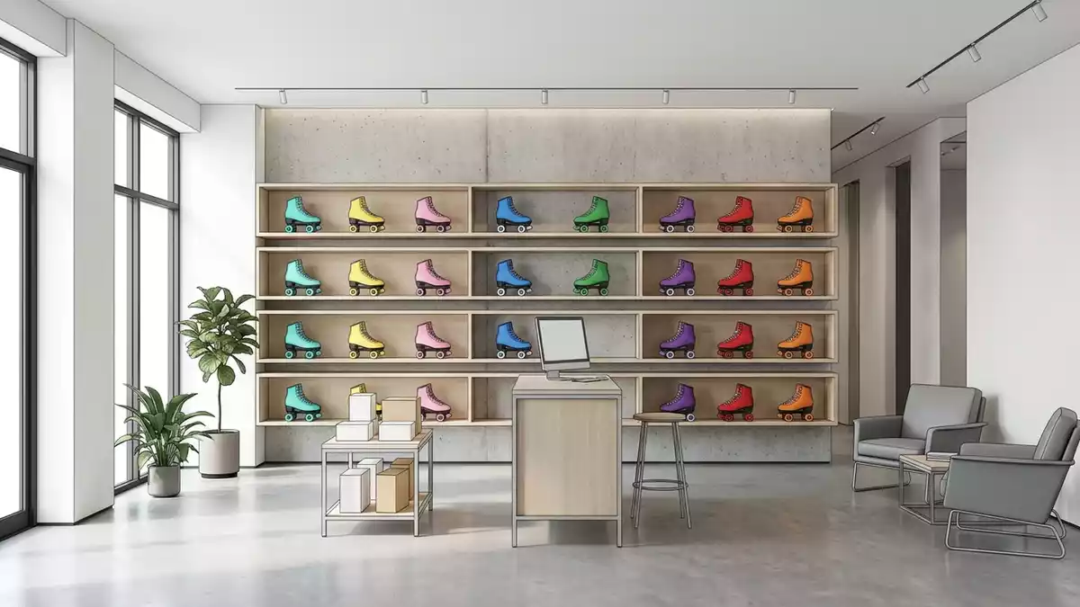Architektur-Render im Rollschuhgeschaeft mit Rollschuhe im Ausstellungsbereich