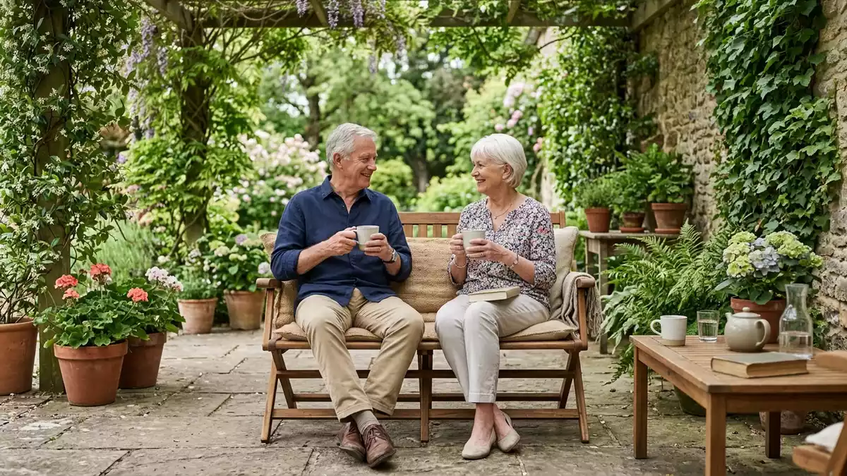 Fotorealistische Ansicht von Gartensofa auf der Terrasse in realer Umgebung, neutral