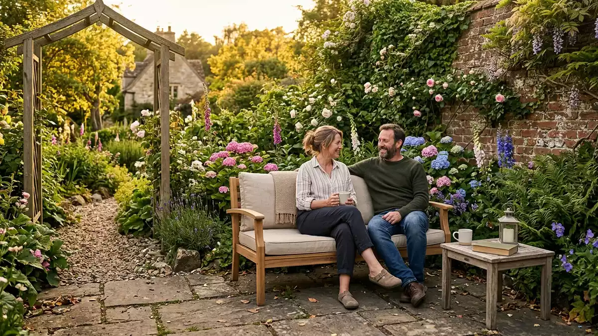 Fotorealistische Ansicht von Gartensofa im Garten in warmem Abendlicht, neutral
