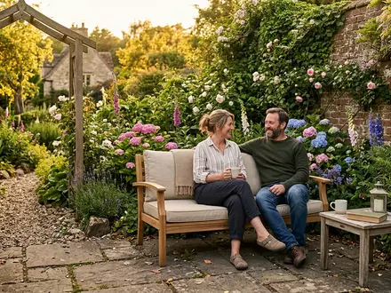 Fotorealistische Aufnahme von Gartensofa im Garten zum Thema IKEA ÄPPLARÖ Gartensofa 2-Sitzer, warmes Abendlicht - Foto: THN