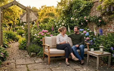 Fotorealistische Aufnahme von Gartensofa im Garten zum Thema IKEA ÄPPLARÖ Gartensofa 2-Sitzer, warmes Abendlicht - Foto: THN