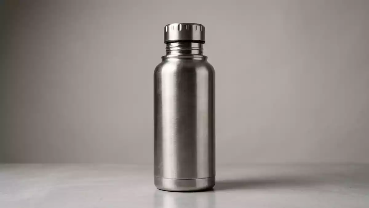 Fotorealistische Studioansicht von Edelstahl-Trinkflasche in neutraler Produktdarstellung