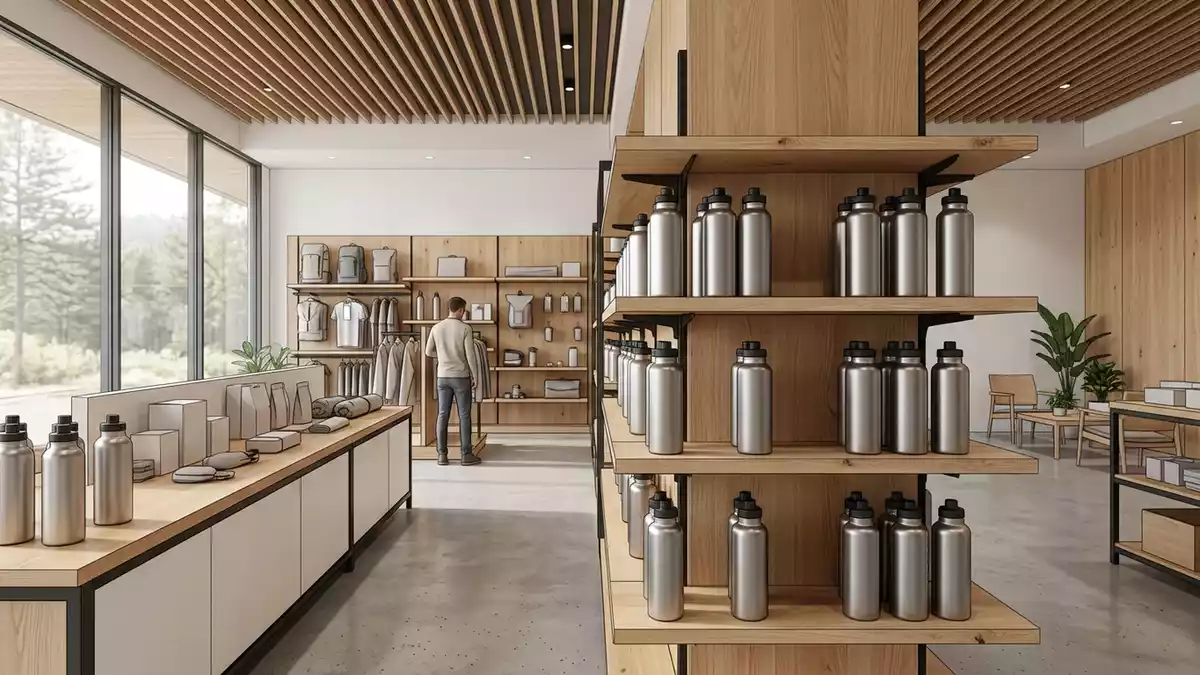 Architektur-Render im Outdoorgeschaeft mit Edelstahl-Trinkflasche im Ausstellungsbereich