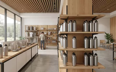 Architektur-Render im Outdoorgeschaeft mit Edelstahl-Trinkflasche zum Thema Hydro Flask Wide Mouth, neutrales Tageslicht - Foto: THN