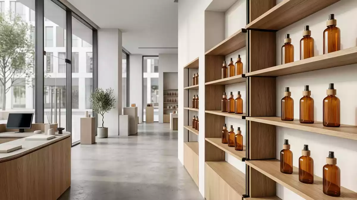 Architektur-Render im Parfuemerie mit Eau de Parfum im Ausstellungsbereich, neutral