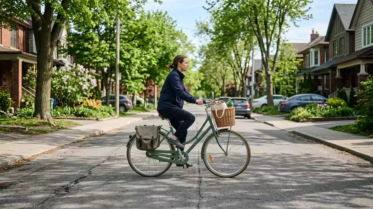 Fotorealistische Ansicht von City-Fahrrad beim Einkaufen in realer Umgebung, neutral