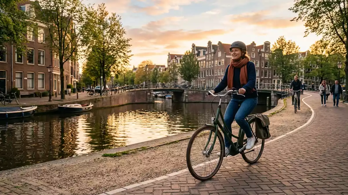 Fotorealistische Ansicht von City-Fahrrad am Kanal in warmem Abendlicht, neutral